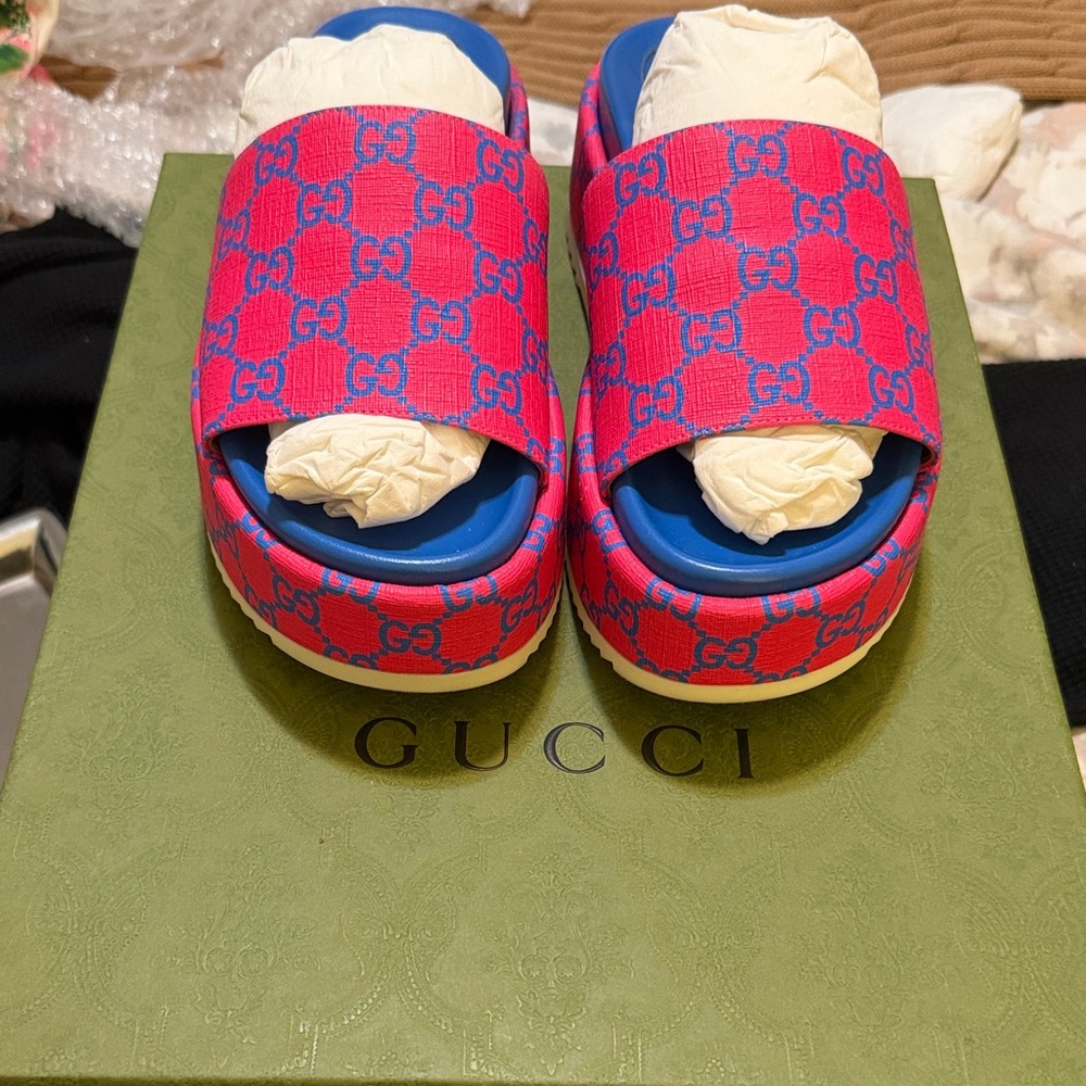 Gucci Fuchsia and Blue Slide Sandals